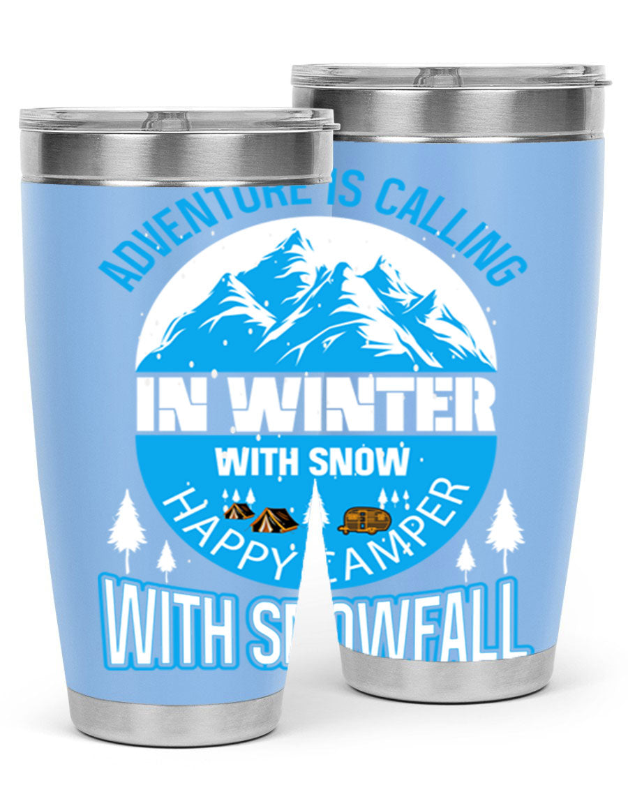 Camping Winter 39# Tumbler in stainless steel with a drink-thru lid, showcasing its sleek design and double wall insulation.